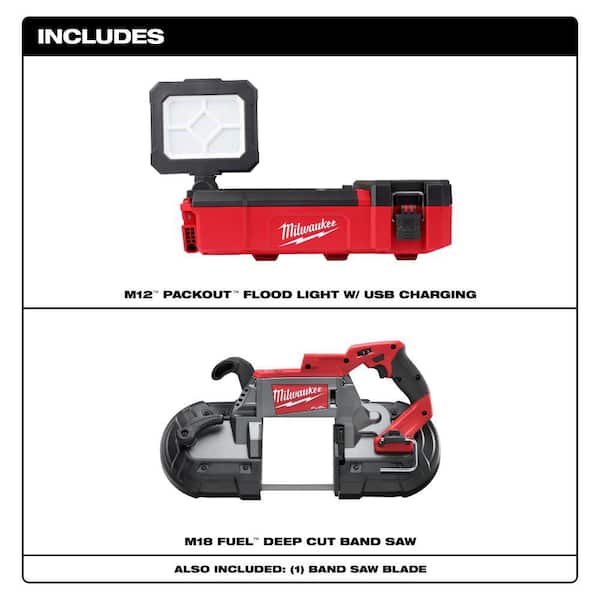 Milwaukee M12 12V Lithium-Ion Cordless PACKOUT Flood Light W/USB Charging and M18 FUEL Lithium-Ion Deep Cut Band Saw