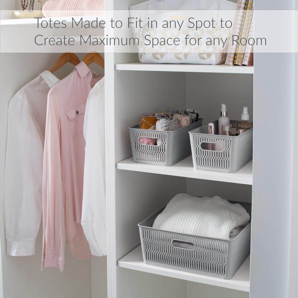Small Gray Stackable Plastic Storage Tote Baskets, Set of 2