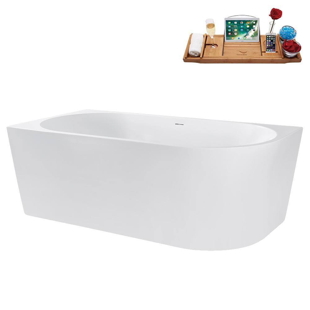 63" Glossy White Acrylic Freestanding Soaking Tub with Tray