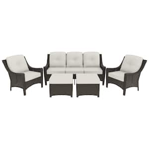 5-Piece Wicker Patio Conversation Set with Beige Cushions, 3-Seater Sofa, Lounge Chair, and Ottoman