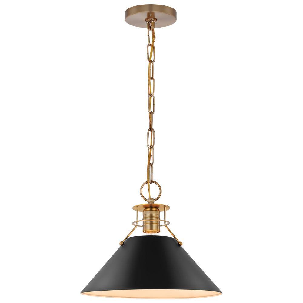 Outpost 13" Matte Black and Burnished Brass Cone Pendant