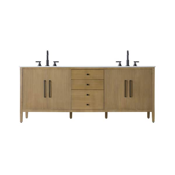 84 in. Double Sink Linen Oak Bath Vanity with White Engineered Marble Top