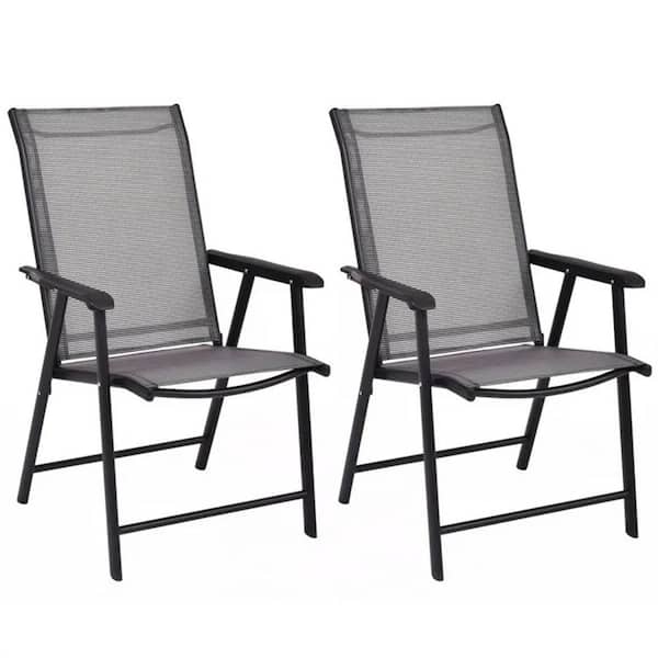 Gray Folding Metal Outdoor Dining Chairs 37.5 in. Black Outdoor Dining Chairs (Set of 2)