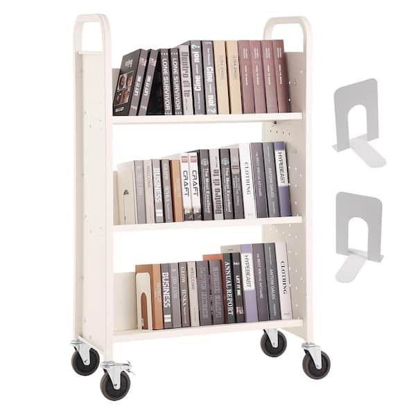 SKYSHALO Book Cart 330 lbs. Library Cart 31 x 15 x 49 in. Single Sided V-Shape Sloped Shelves with 4 in. Lockable Wheels in White