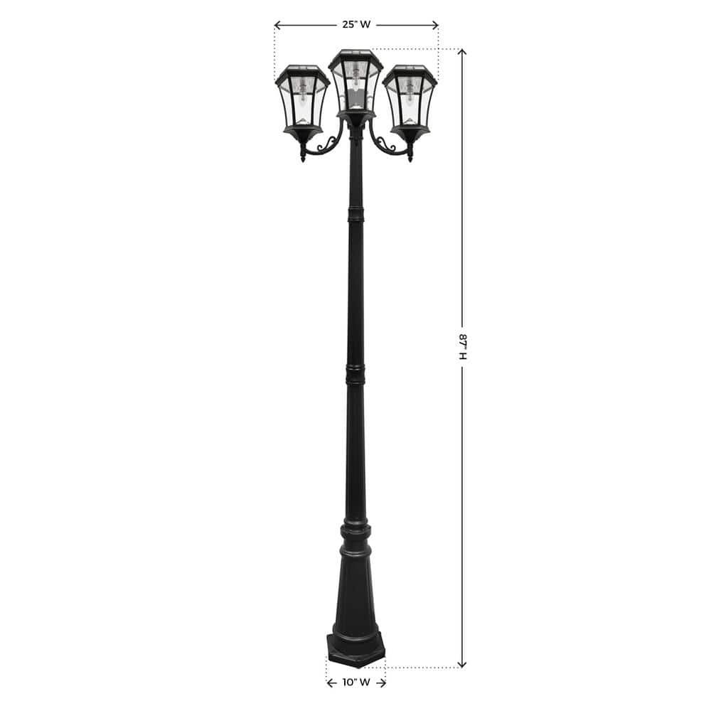 Victorian Style Black Aluminum Triple Solar Lamp Post