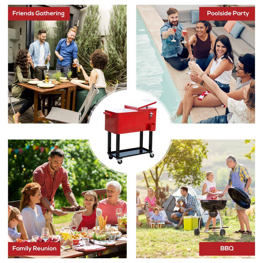 Ruby Red Metal Rolling Outdoor Cooler with Wheels