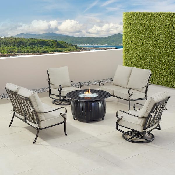 Oakland Living Black Aluminum Fire Table Set with 2-Loveseats and 2-Club Chairs