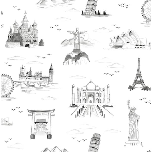 Landmark Travelers Toille Black Novelty Vinyl Peel and Stick Removable Wallpaper Roll