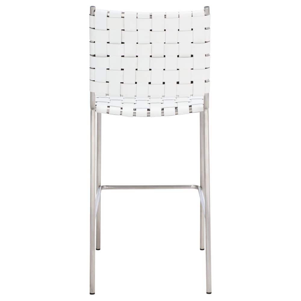 Saddle Style Woven White Leather Counter Stool with Silver Metal Base