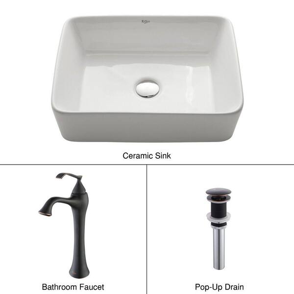 KRAUS Rectangular Ceramic Vessel Sink in White with Ventus Faucet in Oil Rubbed Bronze