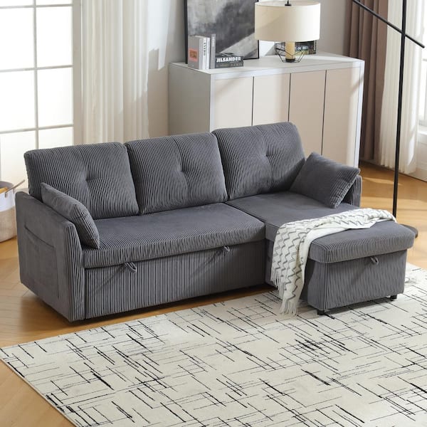 Modern Dark Grey Velvet Upholstered L-Shaped Pull Out Sectional Sofa with Storage Chaise and Pillows