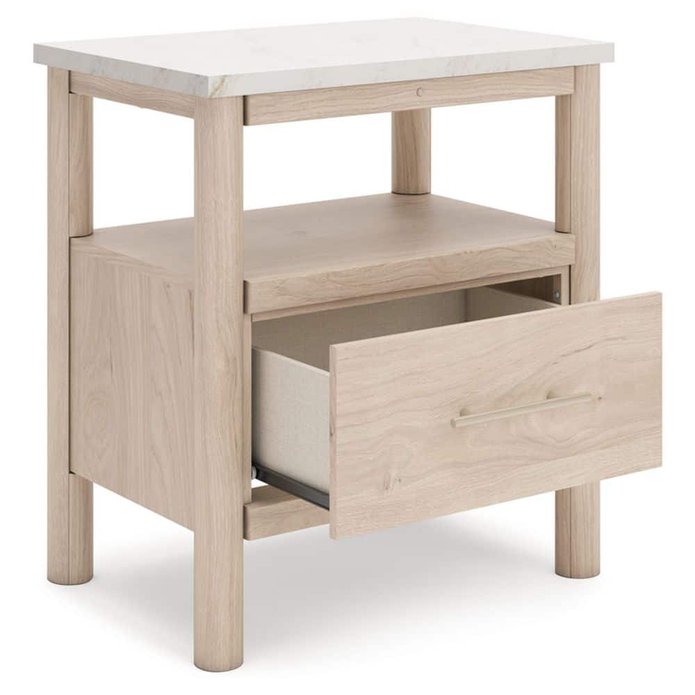 Light Brown and White 1-Drawer Nightstand with Marble Top