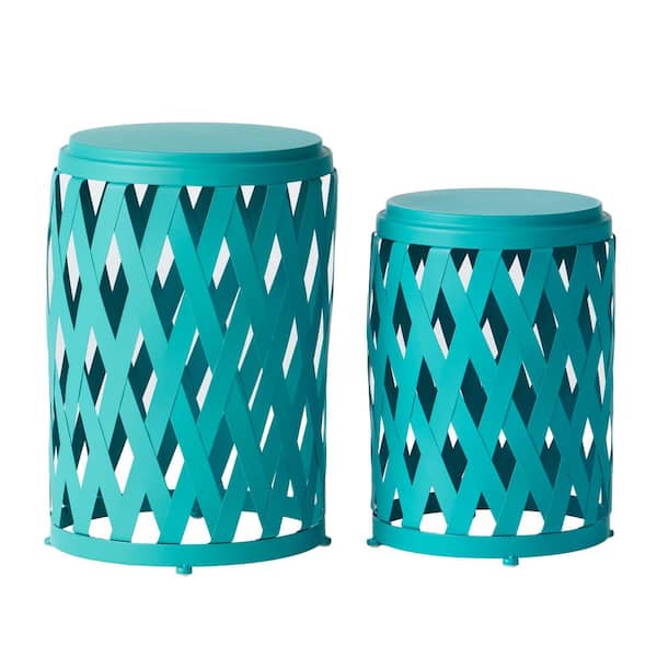 Sudzendf Blue Cylindrical Iron Outdoor Side Table 2-Piece