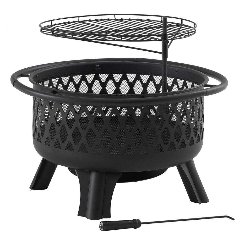 Black Steel Round Wood Burning Fire Pit with Mesh Screen