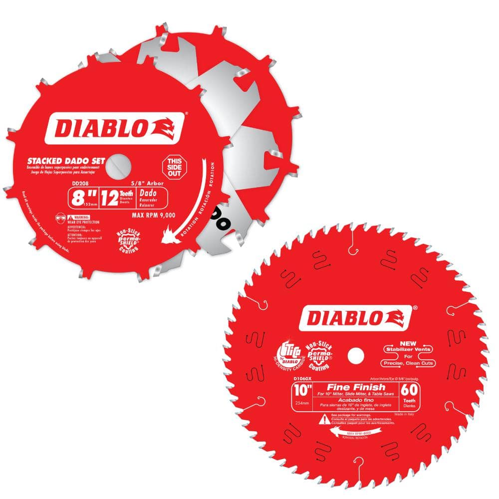 DIABLO in. x 12-Tooth Stacked Dado Saw Blade Set and 10 in. x 60-Tooth  Fine Circular Saw Blade (6-Pieces) D1060XDD208H2GS The Home Depot