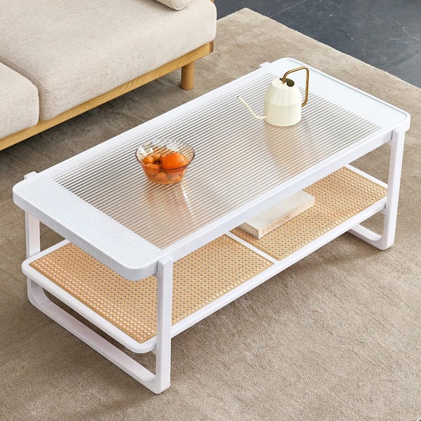 Zeus & Ruta Rectangle Double Layer White Solid Wood Imitation Rattan Coffee Table with Craft Glass Tabletop for Living Room, Bedroom