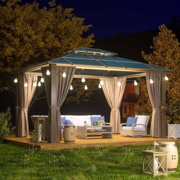 Sizzim 10 ft. x 13 ft. Hardtop Outdoor Double Roof Furniture Gazebo with  Netting&Curtains for Backyard Wedding Garden G30002 - The Home Depot