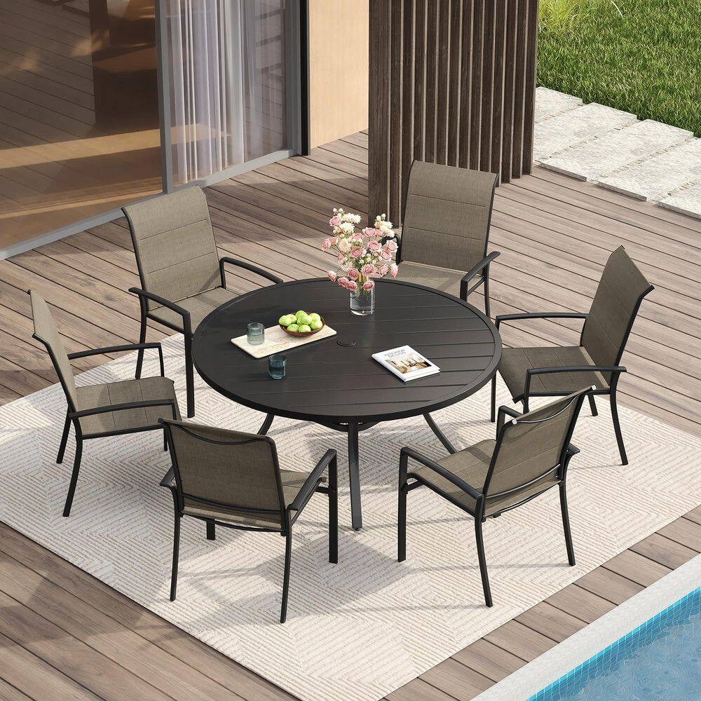 7 Piece Metal Patio Dining Set with 47.2 in. Black Round Slatted Table and 6 Stackable Textilene Dining Chairs in Brown price history on PriceWatchPro