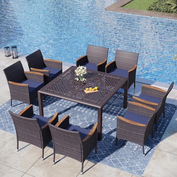 PHI VILLA 9-Piece Cast Aluminum Patio Outdoor Dining Set with Square Table and Wooden Armrest Rattan Chairs with Blue Cushion