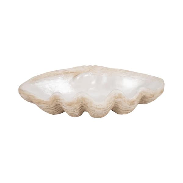 16 in. Ivory Resin Novelty Coastal Pearlized Shell Decorative Bowl