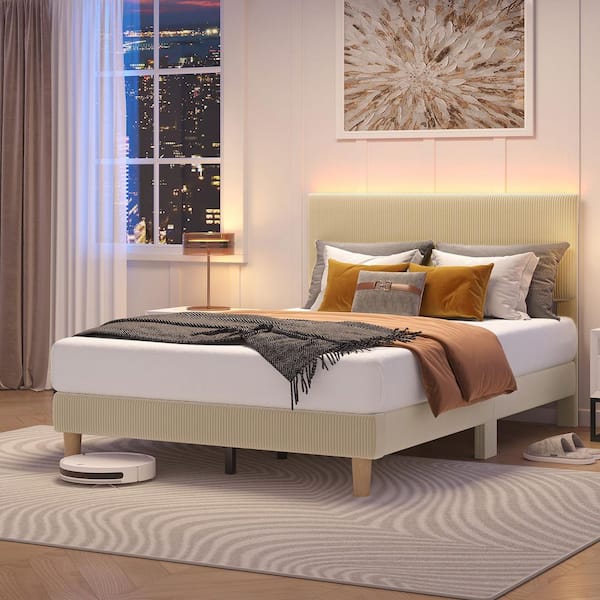 Light Brown Taupe Wood Frame Full Platform Bed Upholestered Headboard with LED Lights