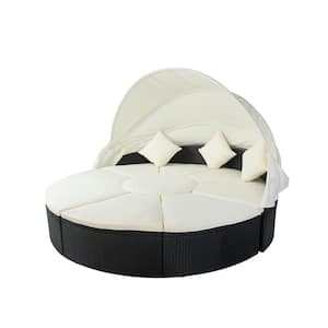 Black Wicker Outdoor Round Day Bed with Creme Cushion and Retractable Canopy
