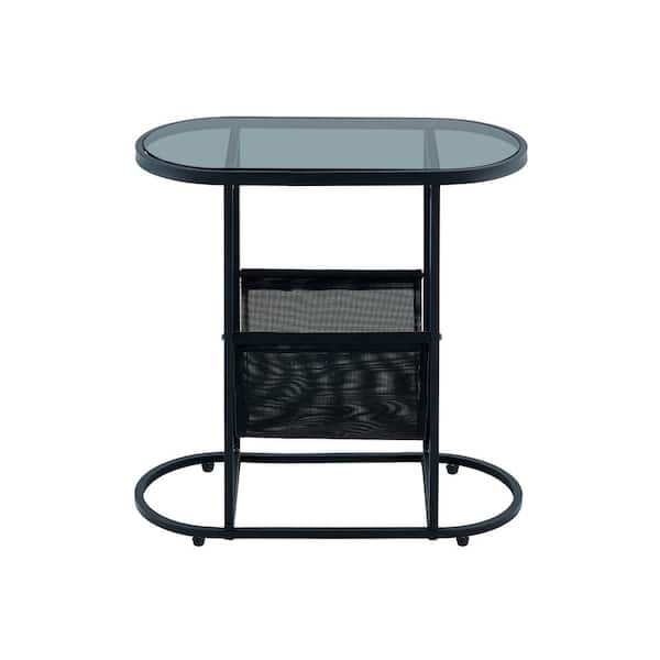 FUNKOL 21.2 in. L x 9.9 in. W x 22.4 in. H Small Black Oval Glass Sideboard Ready to Assemble Kitchen Cabinet with Shelves