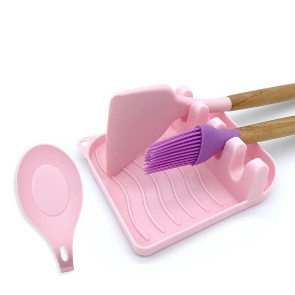 Multiple Utensil Spoon Rest with Heat Resistant for Spatula, Ladle, Tongs, Kitchen Gadgets, and Cooking, Pink (2-Pack)