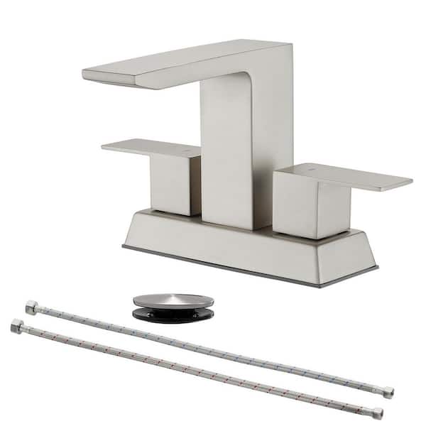PERLIRIA INC 4 in. Centerset Double Handle, Square Bathroom Faucet with Drain Kit, Square Bathroom Sink Faucet in Brushed Nickel