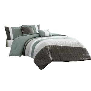 Owen 5- Piece White Green and Gray Striped Microfiber Queen Comforter Set