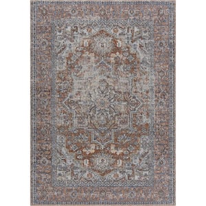 Aila 3 ft. X 7 ft. Orange, Blue, Beige, Brown Traditional Distressed Medallion Persian Style Machine Washable Runner Rug