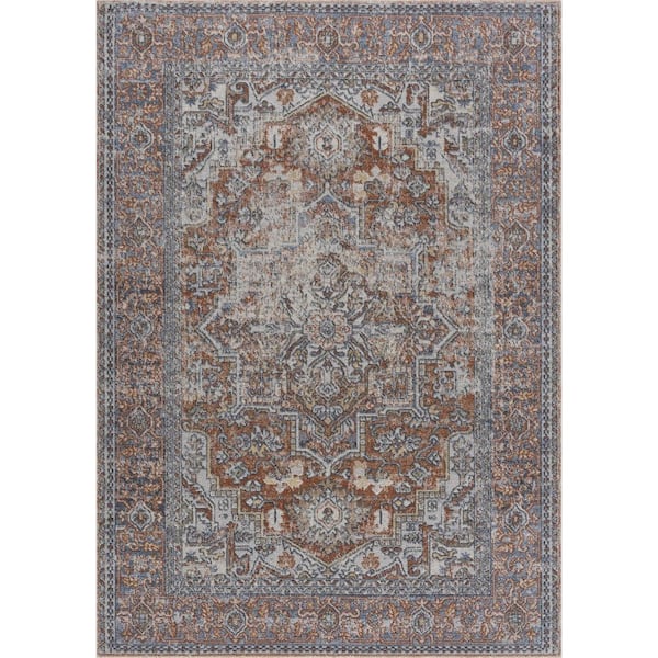 HAUTELOOM Aila 9 ft. X 12 ft. Orange, Blue, Beige, Brown Traditional Distressed Medallion Persian Style Machine Washable Area Rug