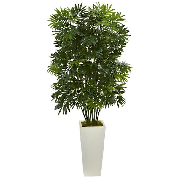 Nearly Natural 49 in. Mini Bamboo Palm Artificial Pant in White Tower Planter