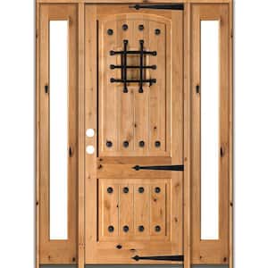 76 in. x 96 in. Mediterranean Knotty Alder Right-Hand/Inswing Clear Glass Clear Stain Wood Prehung Front Door w/Sidelite