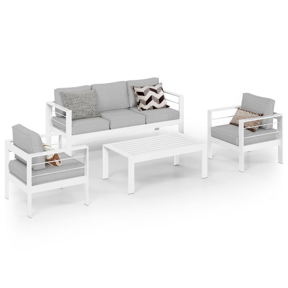 White 4 Piece Aluminum Patio Conversation Set with Light Grey Cushions