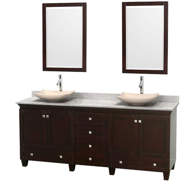 Wyndham Collection Acclaim 80 in. W Double Vanity in Espresso with Marble Vanity Top in Carrara White, Ivory Sinks and 2 Mirrors