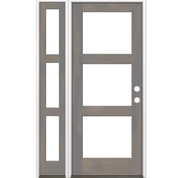 46 in. x 96 in. Modern Hemlock Left-Hand/Inswing 3-Lite Clear Glass Grey Stain Wood Prehung Front Door w/Left Sidelite