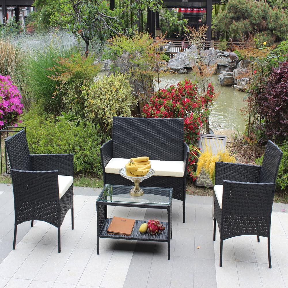 4-Piece Black Wicker Rattan Patio Furniture Set Outdoor Patio Cushioned Sec