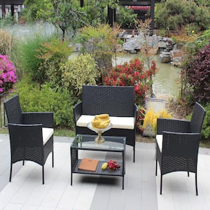 4-Piece Black Wicker Rattan Patio Furniture Set Outdoor Patio Cushioned Sectional Seat Sofa with Beige Cushion