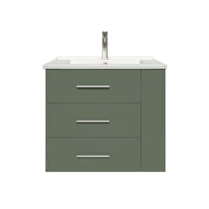 Rita 24.25 in. Single Sink Wallmount Bath Vanity with White Ceramic Countertop in Forest Green with Right Side Shelf