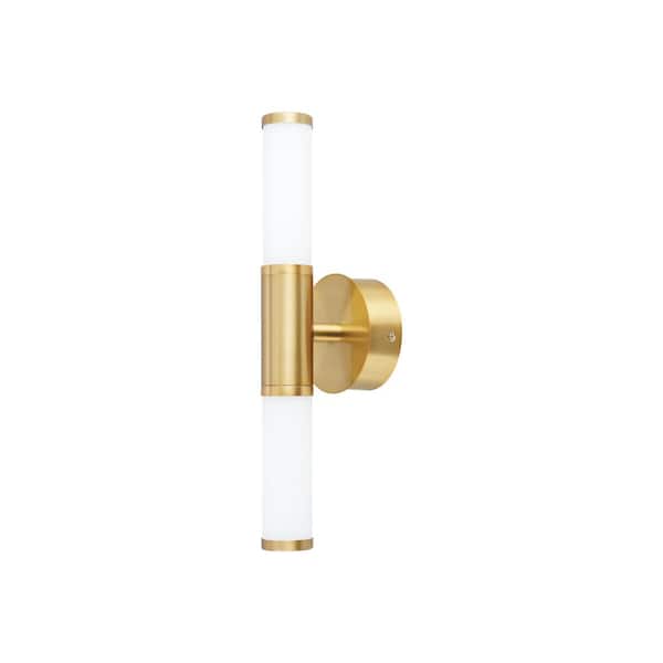 Eglo Palmera 1 4.92 in. W x 17.08 in. H 2-Light Brushed Gold Integrated LED Bathroom Vanity Light with Etched Glass Shades