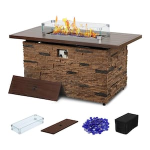 43 in. Propane Fire Pit Table Outdoor Stone Firepit Table Rectangular 50000 BTU Propane Fire Tables for Patio