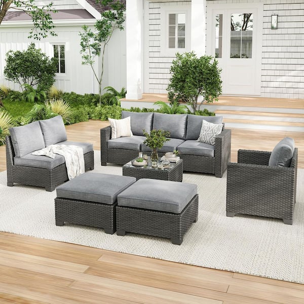Gray 9-Piece Wicker Outdoor Patio Sectional Set with Coffee Table-Conversation Sofa with Gray Cushions for Backyard