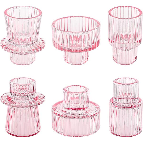 Pink Glass Taper Votive Candle Holder, Boho Ribbed Vintage Crystal Glass Table Centerpiece Decor, 6-Pack