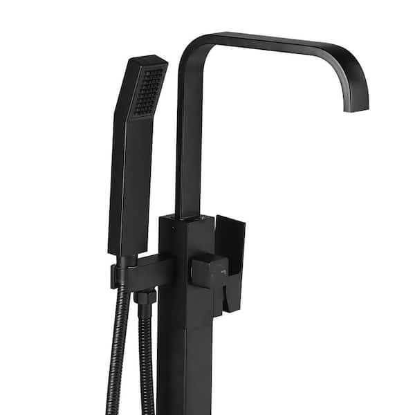 Single-Handle Floor-Mount Roman Tub Faucet with Hand Shower in Matte Black