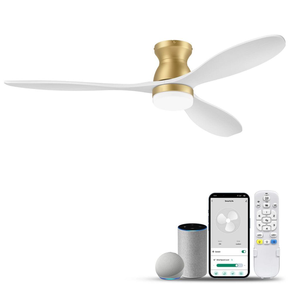 52 in. Smart Outdoor Indoor Gold Flush Mount Standard Ceiling Fans wiht Lights and Remote, Quiet DC Motor, 6-Speeds