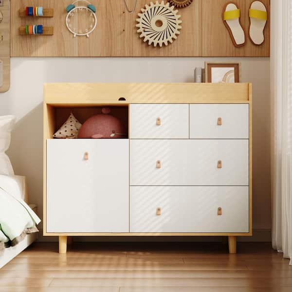Light oak and White 5-Drawer 45 in. W Kids Dresser with Diaper Changing Table, Storage Cabinet with 5-Drawers