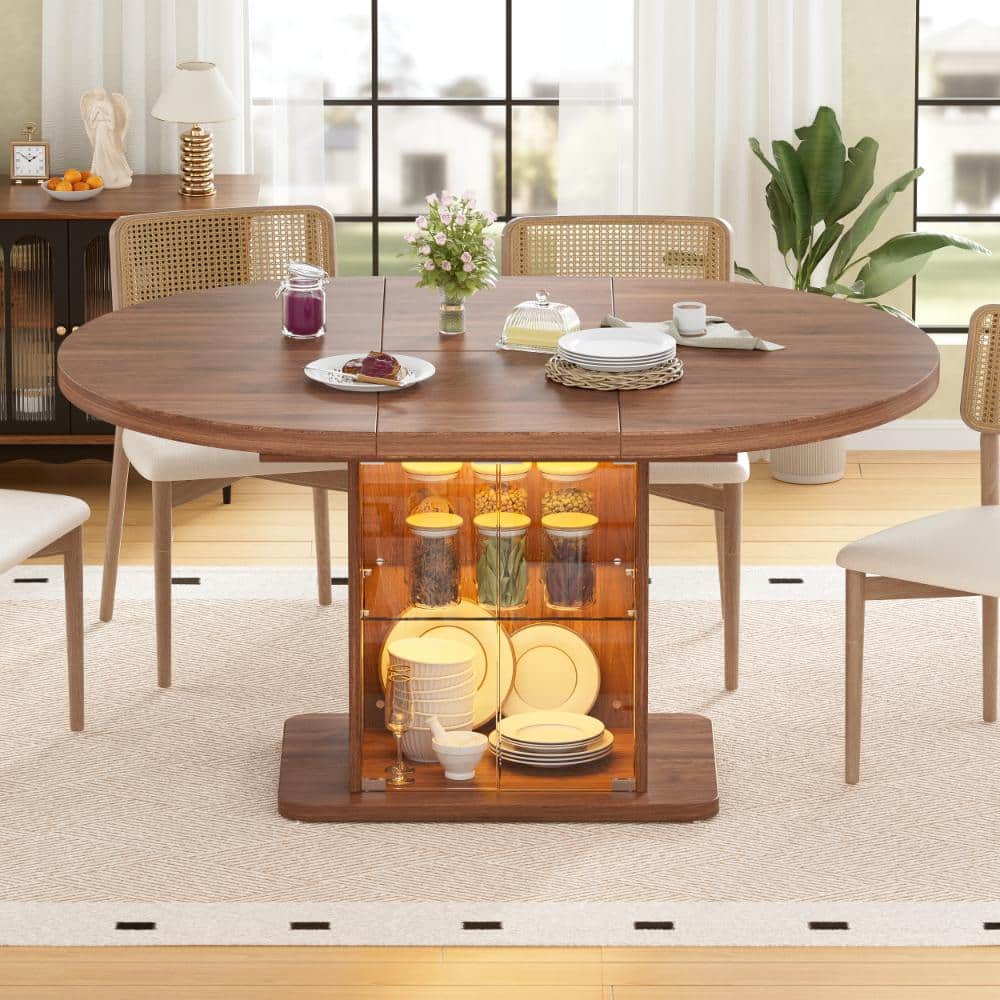Extendable Round Dining Table for 4-8 with Dust-Proof 2-Tier Storage Shelf, Space-Saving Expandable Dining Room Table wi
