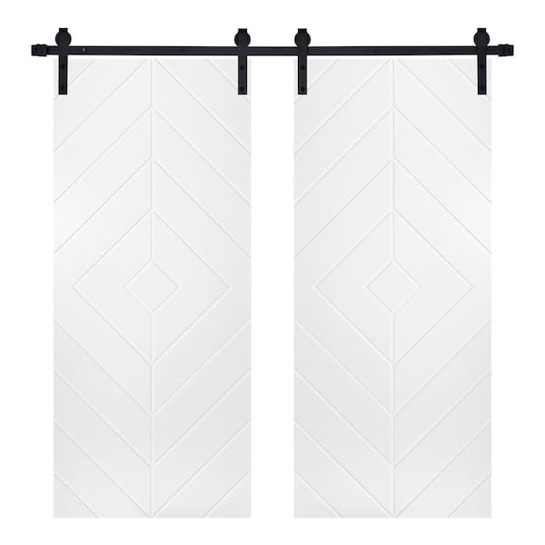 AIOPOP HOME Double Modern Diamond Pattern 48 in. x 80 in. MDF Panel White Painted Sliding Barn Door with Hardware Kit
