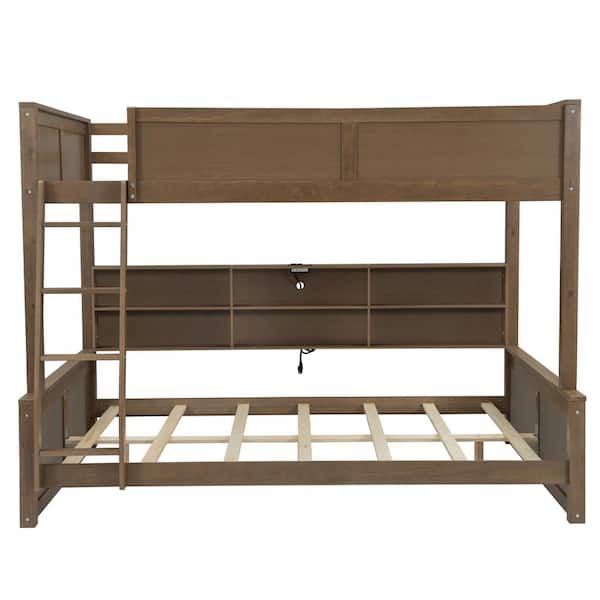Antique Wood Color Full XL Over Queen Wood Bunk Bed with Storage Shelves and USB Ports